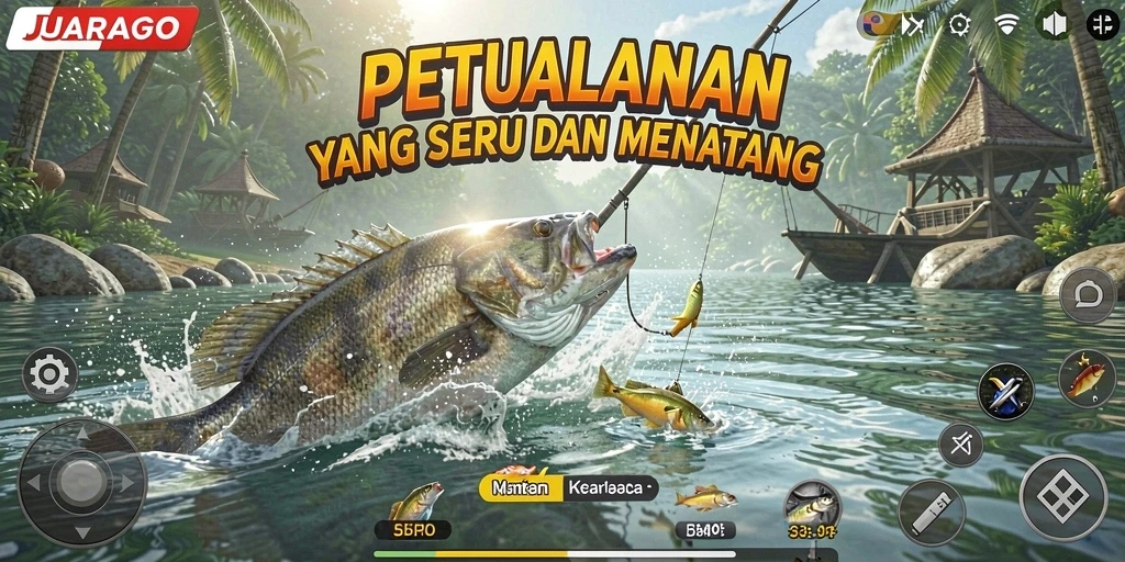 Tampilan gameplay JUARAGO dengan berbagai jenis ikan yang menari di lautan.
