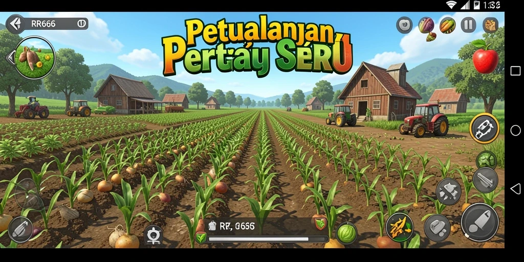 Screenshot gameplay <strong>RR666</strong> menunjukkan suasana pertanian yang hidup dan interaktif.