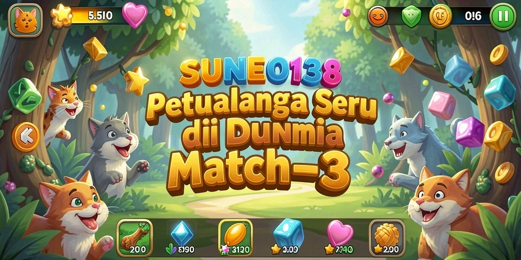 Screenshot utama SUNEO138 menampilkan gameplay colorful Match-3 yang seru.